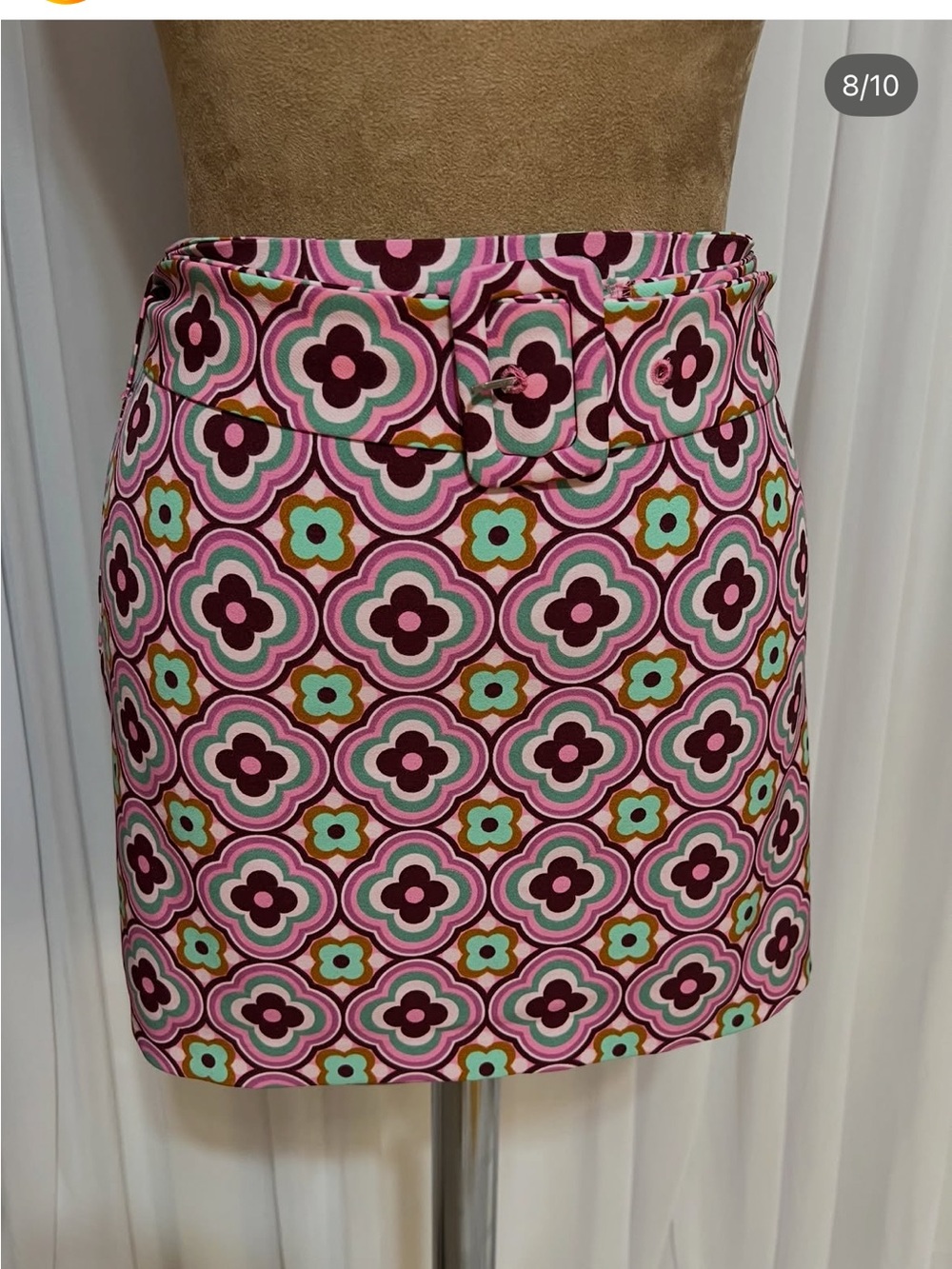 Zara Pink Retro Geo-Print Mini Skirt with Buckle Waist